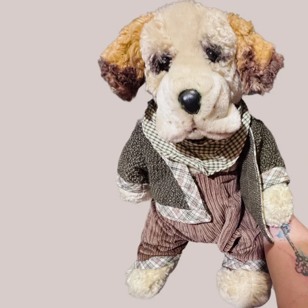 Vintage Y2K Hugfun Dog Plush Corduroy Overalls Green Plaid‎ Scarf Stuffed Animal